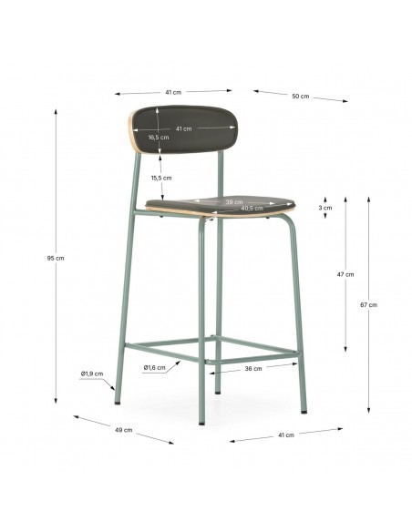 Banco SAULA 67 cm estofado PU verde com metal cinza azulado