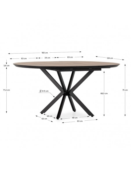 Mesa redonda de Comedor Extensible NAIRA 126/160 cm en Roble UD patas en negro