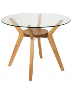 Mesa redonda SABRINE 100, cristal y madera maciza de roble