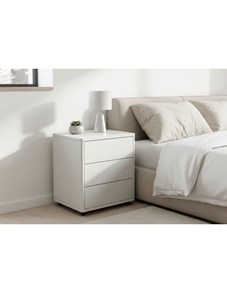 Mesa de cabeceira minimalista KAI branca com 3 gavetas