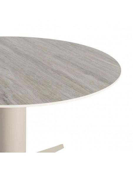 Mesa de Comedor Redonda TAVIRA 120 cm Cerámica Travertino gris y Metal beige