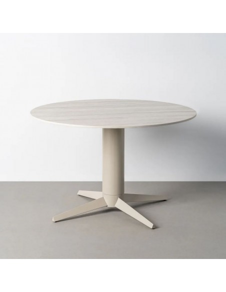Mesa de Comedor Redonda TAVIRA 120 cm Cerámica Travertino gris y Metal beige