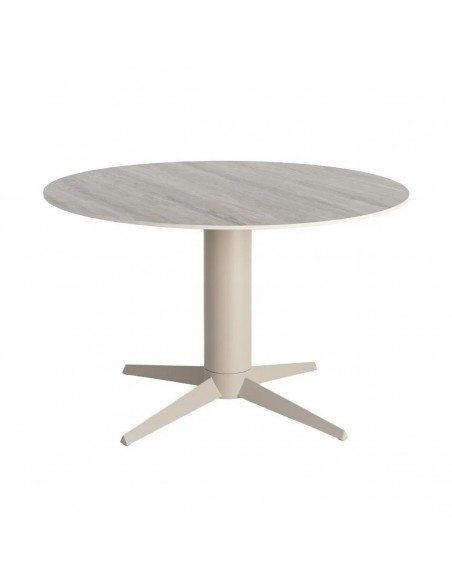 Mesa de Comedor Redonda TAVIRA 120 cm Cerámica Travertino gris y Metal beige