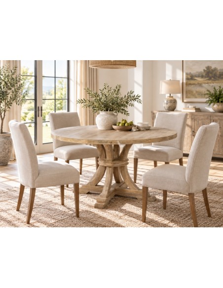 Mesa comedor redonda colonial GAZA 120, madera mango blanco cepillado