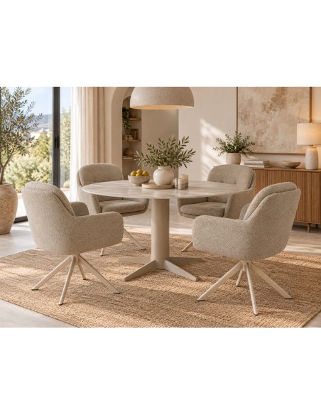 Mesa de Comedor Redonda TAVIRA 120 cm Cerámica Travertino gris y Metal beige