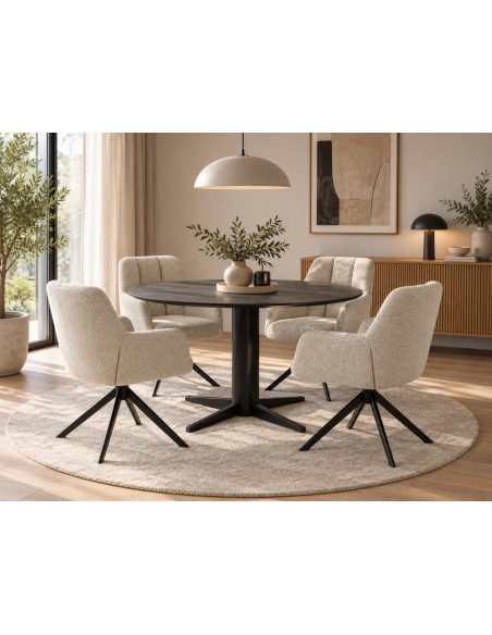 Mesa de Comedor Redonda TAVIRA 120 cm Cerámica Travertino y Metal negro