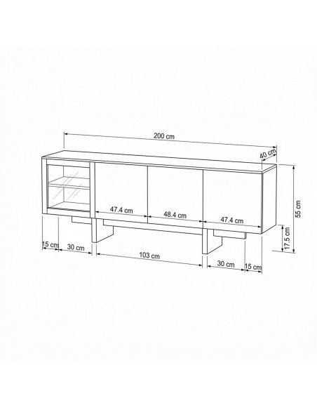 Móvel de TV nórdico contemporâneo REIMS 200x40 com vitrina.