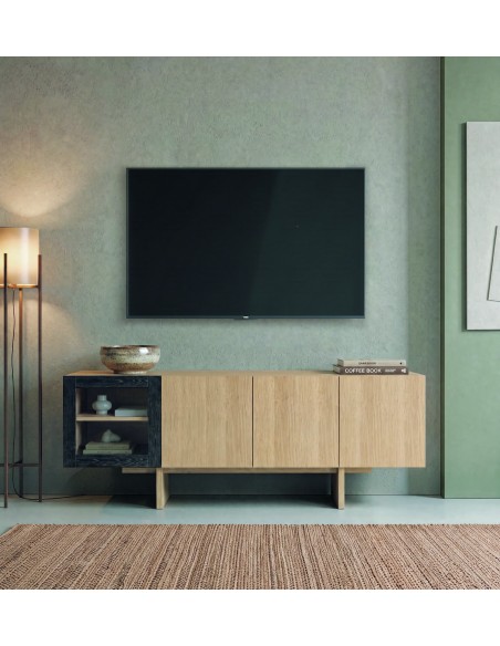 Móvel de TV nórdico contemporâneo REIMS 200x40 com vitrina.
