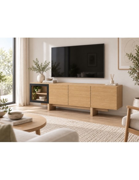 Móvel de TV nórdico contemporâneo REIMS 200x40 com vitrina.