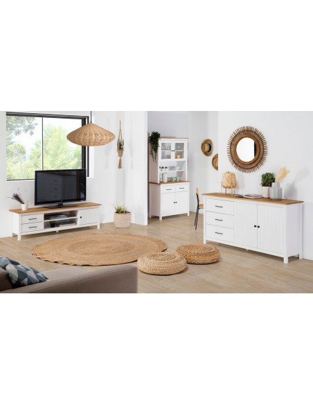 Buffet mediterráneo MIRANDA 90 x 180, madera pino encerado y blanco
