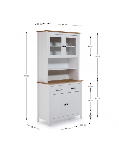 Buffet mediterráneo MIRANDA 90 x 180, madera pino encerado y blanco