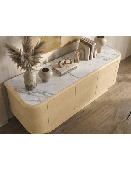 Aparador minimalista orgánico LYON 160x45 Fresno Natural con Porcelánico