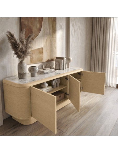 Aparador minimalista orgánico LYON 160x45 Fresno Natural con Porcelánico