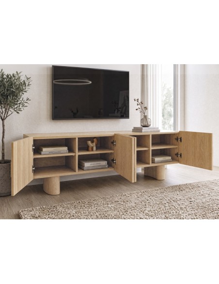 Mueble TV escultórico TOURS 200 Roble con Relieve Geométrico y Patas en arco