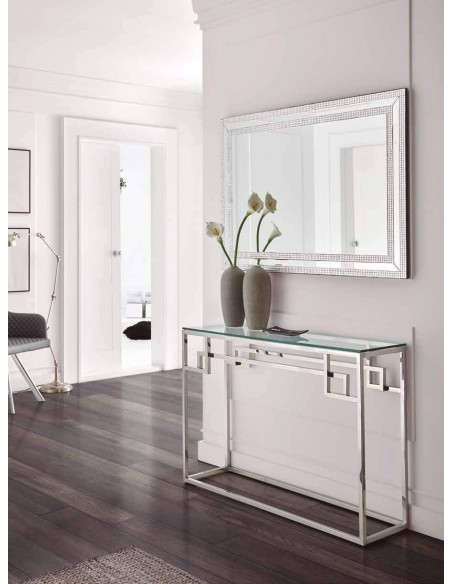 CONSOLA DE CRISTAL Y ACERO INOX, TEMPLE.