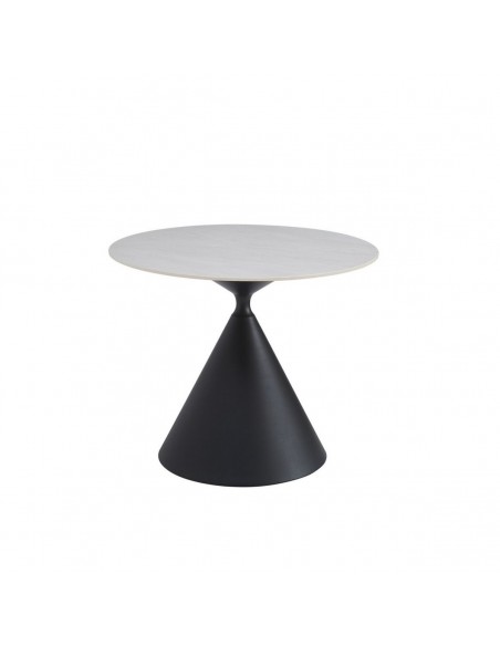 Mesa redonda NARA 90, de design exclusivo, em porcelana branca com base cónica preta.