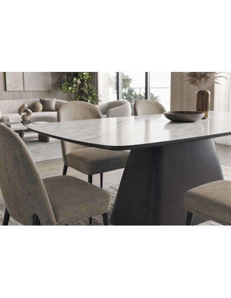 Mesa de jantar design escultural NÉLIDA180x90 porcelânico branco e metal preto