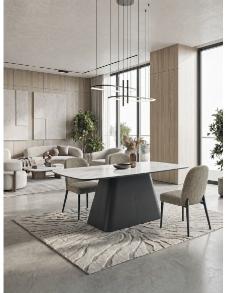 Mesa de jantar design escultural NÉLIDA180x90 porcelânico branco e metal preto