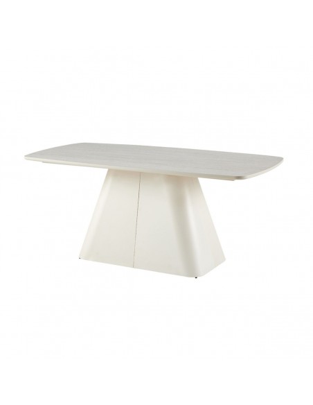 Mesa de jantar design escultural NÉLIDA 180x90, porcelânico travertino e metal bege.
