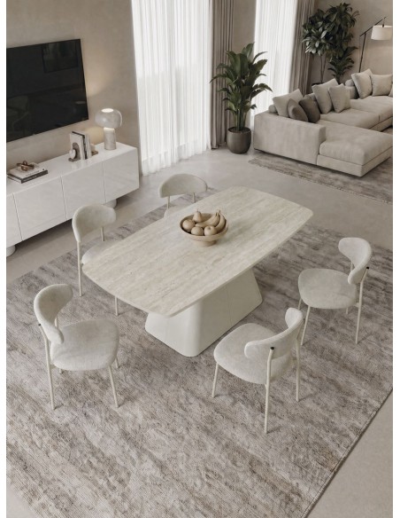 Mesa de jantar design escultural NÉLIDA 180x90, porcelânico travertino e metal bege.