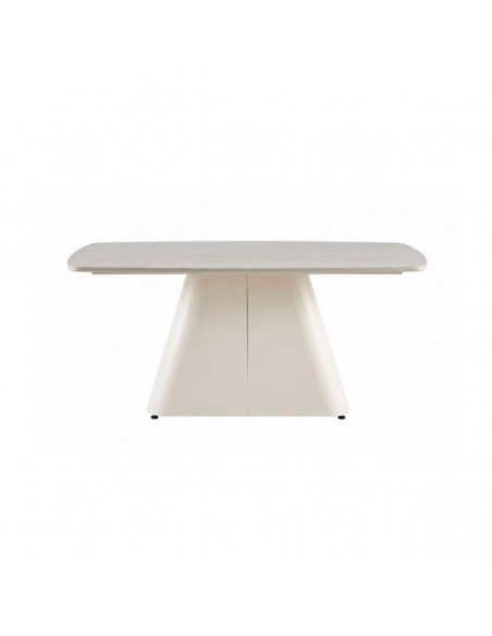 Mesa de jantar design escultural NÉLIDA 180x90, porcelânico travertino e metal bege.