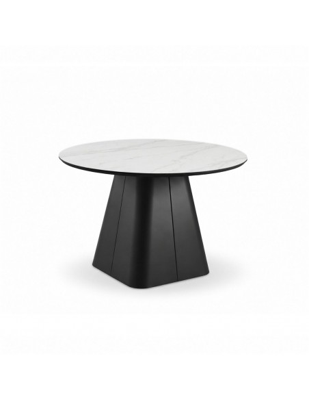 Mesa Redonda diseño escultórico NÉLIDA 120, Porcelánico Blanco y metal Negra