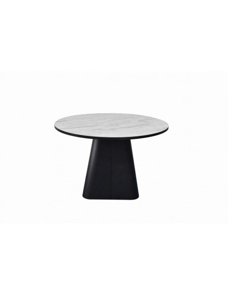 Mesa Redonda diseño escultórico NÉLIDA 120, Porcelánico Blanco y metal Negra