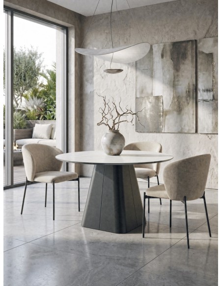 Mesa Redonda diseño escultórico NÉLIDA 120, Porcelánico Blanco y metal Negra