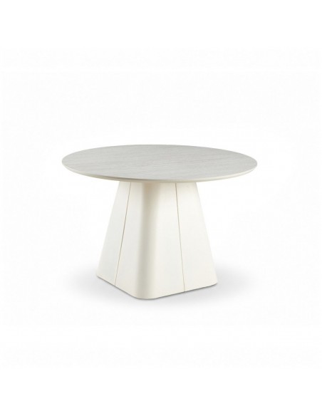Mesa redonda com design escultural NÉLIDA 120, porcelânico travertino e metal bege