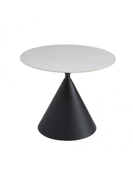 Mesa redonda NARA 90, de design exclusivo, em porcelana branca com base cónica preta.