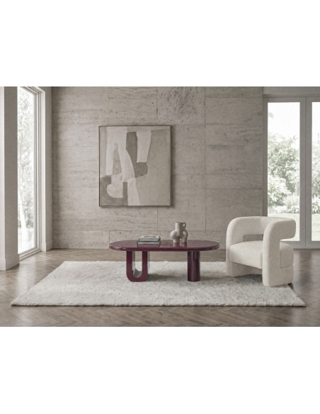 Mesa de Centro LURA 120 design escultural em bordô brilho e vidro