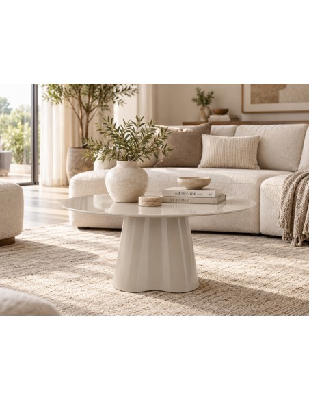 Mesa de centro VARENA Ø80 cm Art Déco em vidro e MDF lacado bege brilho