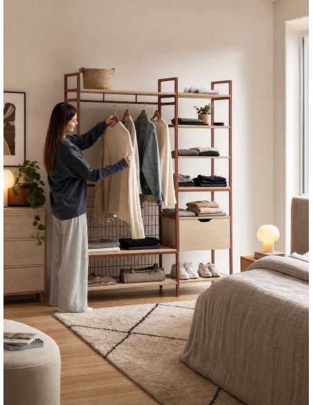 Closet aberto AMARAL 140 com 1 gaveta, terracota em aço e melamina, com varões e prateleiras