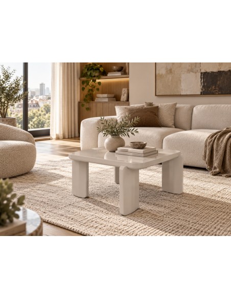 Mesa de centro cuadrada VARELA 60x60x35 cm em vidro e MDF lacado bege brilho