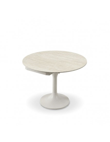 Mesa extensível giratória LORA 105 cm com porcelânico travertino e pé metálico bege