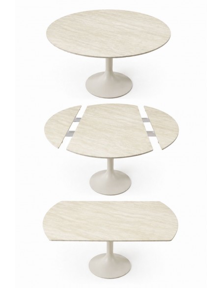 Mesa extensível giratória LORA 105 cm com porcelânico travertino e pé metálico bege