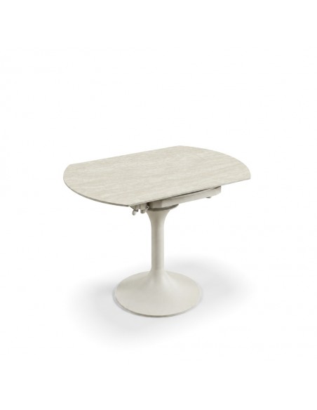 Mesa extensível giratória LORA 105 cm com porcelânico travertino e pé metálico bege