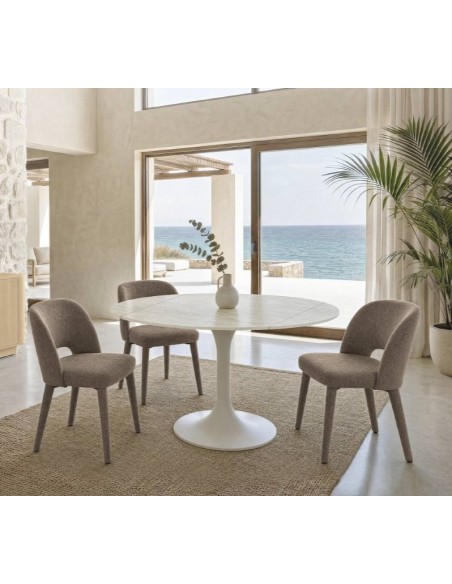 Mesa extensível giratória LORA 105 cm com porcelânico travertino e pé metálico bege