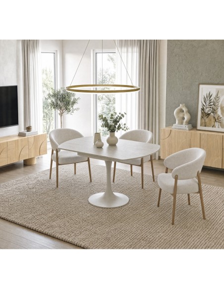 Mesa extensível giratória LORA 105 cm com porcelânico travertino e pé metálico bege