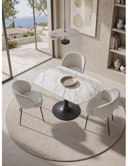 Mesa extensible giratorio LORA 105 x 75 , blanco mármol y metal negro
