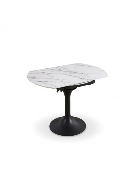 Mesa extensível giratória LORA 105 cm com porcelânico efeito mármore branco e metal preto