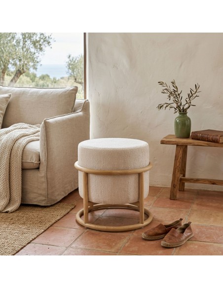 Puf ARVEN Moderno Orgánico Tapizado en Beige con Madera roble