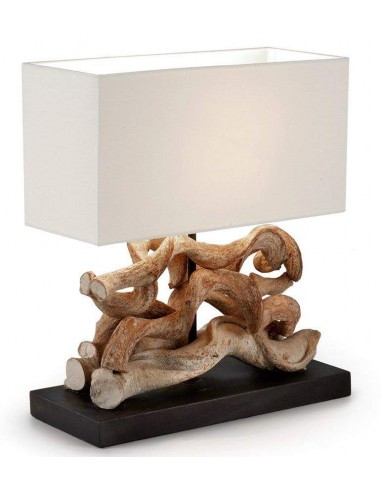  Lampara De Mesa TEMOC Madera Tropical Pantalla Blanca