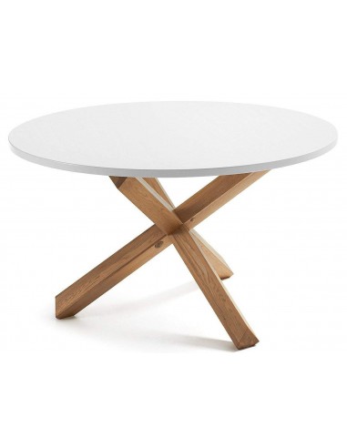 Mesa redonda de diseño  LOTUS  120 cm Estructura de roble Natatural Sobre Lac.Blanco Puro