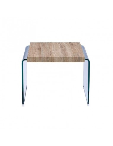 Mesa ORISIS, baja, madera, cristal curvado, 55x55 cms.