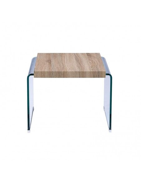 Mesa ORISIS, baja, madera, cristal curvado, 55x55 cms.
