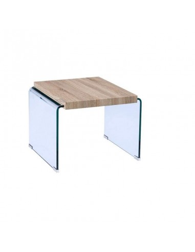 Mesa ORISIS, baja, madera, cristal curvado, 55x55 cms.