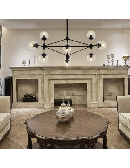 Lámpara colgante EDITE, 10 tulipas de cristal, metal negro. Lámpara colgante EDITE, 10 tulipas de cristal, metal negro.