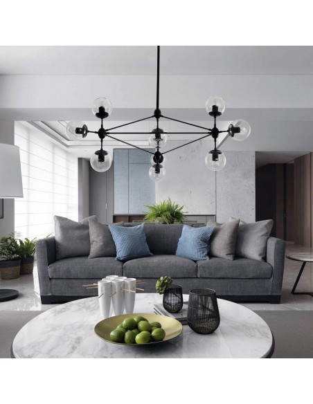 Lámpara colgante EDITE, 10 tulipas de cristal, metal negro. Lámpara colgante EDITE, 10 tulipas de cristal, metal negro.