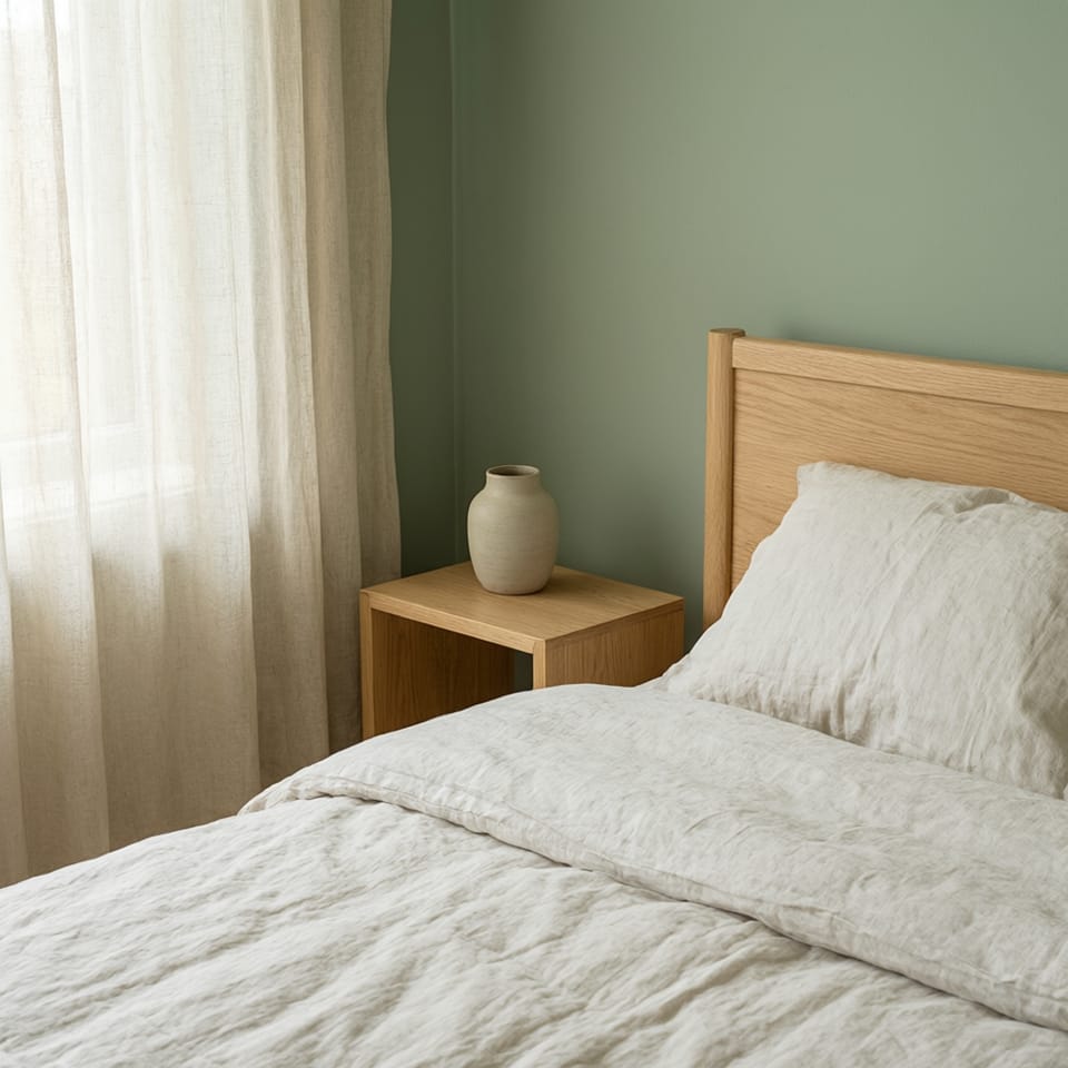 Habitación de estilo nórdico con mesita de noche estrecha junto a un colchón de perfil medio y lámpara de sobremesa